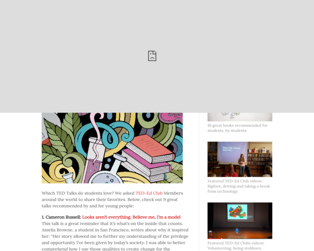 Screenshot of the 9 TED Talks Recommended for Students by Students website