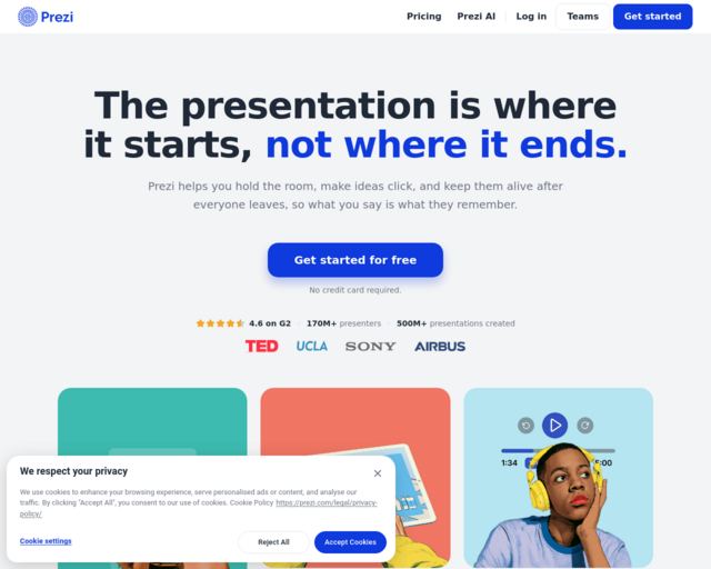 Screenshot of the Basic Prezi Account (Free) website